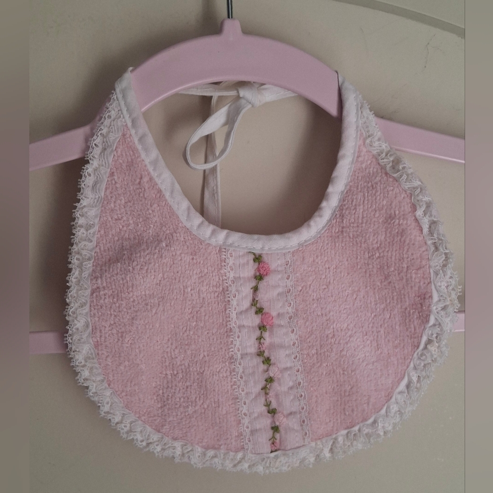 Vintage Alexis Pink Baby Bib Flower Embroidery Lace Retro